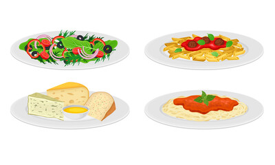 Italian Dishes with Cheese Slabs and Pasta with Tomato Sauce Served on Plates Side View Vector Set
