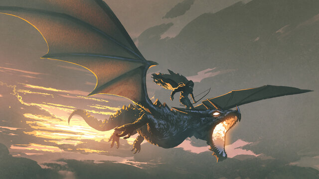 Fototapeta the black knight riding the dragon flying in the sunset sky, digital art style, illustration painting
