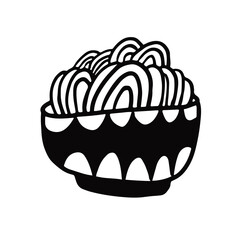 Doodle hand drawn vector illustration of a cute black bowl of noodles decorated with ornaments. Isolated on white background.