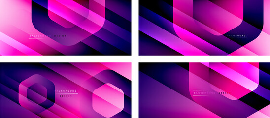 Set of hexagon geometric shapes and fluid gradients with 3d shadow and light straight lines, minimal abstract backgrounds