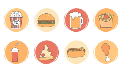 Vector set of logo design templates, icons and badges for social media highlights with cute Fast food elements