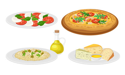 Italian Dishes with Cheese and Pizza Served on Plates Side View Vector Set