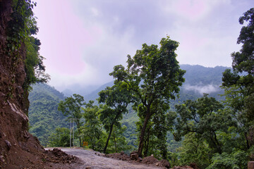 Obraz premium Close up a landslide next to active road in Rishikesh in Indian himalayas terrain