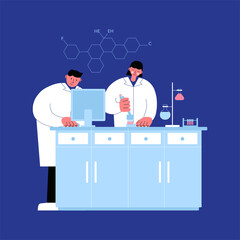 Microbiology cell structure research in a medical lab vector flat illustration. Drug improvement concept illustration