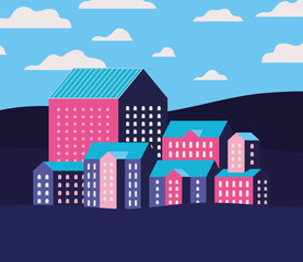 Obraz na płótnie Canvas Purple blue and pink city buildings landscape with clouds design, Abstract geometric architecture and urban theme Vector illustration