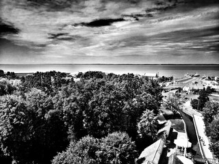 Sightseeing Frombork. Artistic look in black and white on beautiful Polish medieval city. Frombork, Poland.