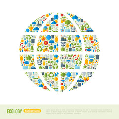 Eco Friendly, green energy concept, vector illustration. Globe symbol with flat ecology icons. Save the planet concept. Go green. Save the Earth. Earth Day.