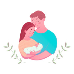 Parents holding a newborn in their hands. Young family with a little baby. Cute cartoon vector illustration. 
