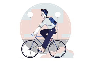 Cycling, sport, motion, recreation, activity concept. Young happy man or boy riding bicycle on city street and going to work. Summer vacation hobby and active leisure time n weekends illustration.