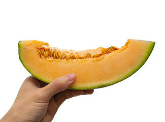 hand holding slice orange cantaloupe melon on white background