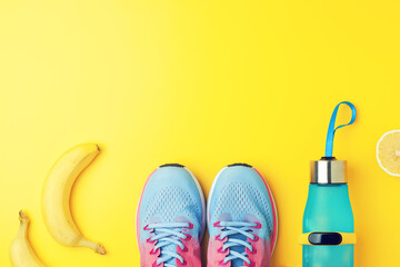 Fitness creative background - bottle with lemon water, fitness tracker, banana and snickers on...