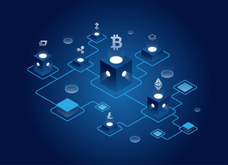 Isometric blockchain technology concept. Beautiful illustration of blockchain relationships. Gradient. Cryptocurrency Mining Can be used for websites, web pages and banners, for presentations. EPS 10.