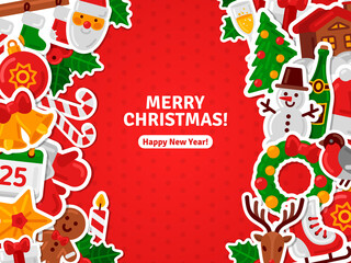 Merry Christmas 2021 Banner, Flat Xmas Icons Stickers. Vector Illustration. Happy New Year Concept. Candy Cane, Christmas Tree, Candle, Gingerbread Man. Place for Your Text