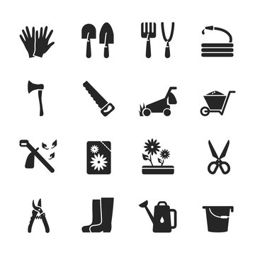 Vector glyph icon set of gardening tools isolated. Black symbols of equipment for agriculture and organic food cultivation. Web minimalist elements included wheelbarrow, lawn mower, scissors, saw, axe