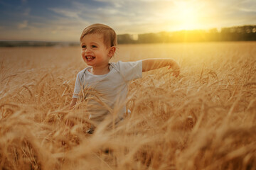 portrait of a smiling blond boy having fun in a wheat field under a sunset