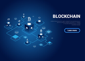 Isometric blockchain technology concept. Beautiful illustration of blockchain relationships. Gradient. Cryptocurrency Mining Can be used for websites, web pages and banners, for presentations. EPS 10.