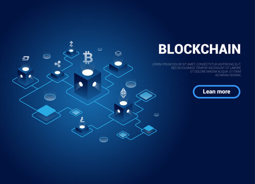 Isometric blockchain technology concept. Beautiful illustration of blockchain relationships. Gradient. Cryptocurrency Mining Can be used for websites, web pages and banners, for presentations. EPS 10.