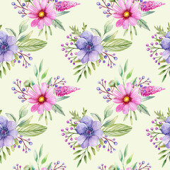 Watercolor floral seamless pattern. Hand drawn purple and pink wildflowers, berries and leaves on yellow background. 
