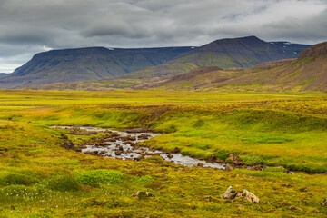 Fototapeta na wymiar Hills along the Pingvallavegur Road, Iceland.