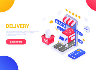 Isometric delivery concept. The truck comes from the phone  to deliver the goods to the client. Delivery from the online store. Сan be used on web pages, web banners, web sites, in presentations.