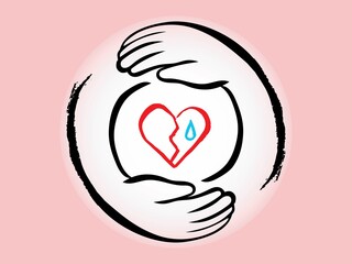 heart, mental care, Wrap the heart with both hands,Angel, logo,icon,line drawing, vector