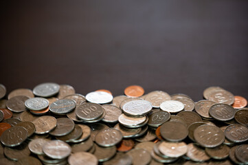 coins and copy space piled up on the desk.