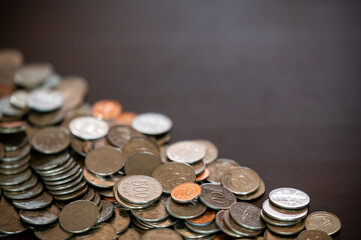 coins and copy space piled up on the desk.