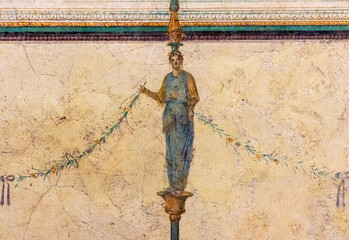 Detail of ancient colorful mural illustration painted on the wall of an old roman house