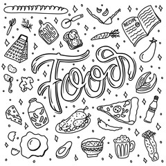 Hand drawn doodles of food and kitchen items