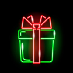 Neon green gift box with red bow isolated on black background. Vector 10 EPS illustration. Chistmas, birthday, surprise concept for logo or banner.