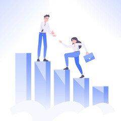 Helping hand concept. Businessman helps to businesswoman to climb stairs. Giving a helping hand to colleague, teamwork and cooperation concept, vector illustration