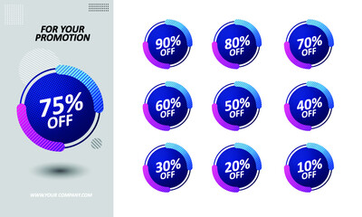 Set of discount labels 10 - 90% off.  Collection Of blue discount stickers. Vector illustration