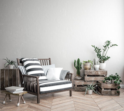 Wall mock up in white simple interior with wooden furniture, Scandinavian style, 3d render