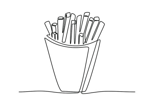 recommend clip art: French fry in one continuous line for logo. Fried potato sticks in modern single line drawing style for posters. Black linear sketch isolated on white background. Vector illustration