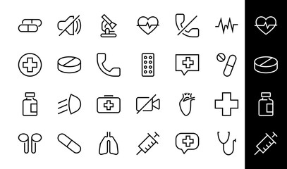 A simple set of medicine ICONS, contains medicine icons, pills, related vector line icons. thin lines, pain, syringe, lungs, microscope, cardiogram, virus and much more. Editable stroke.