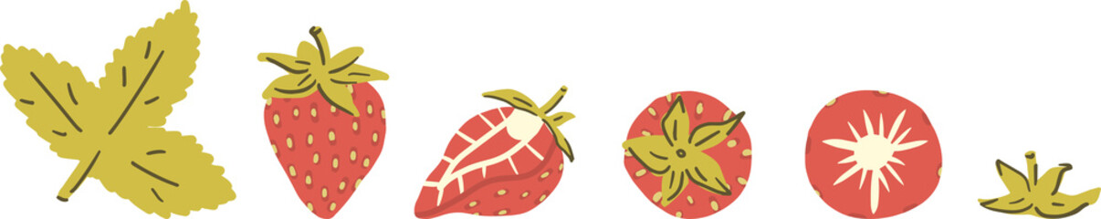 Strawberry, strawberry leaf, leaf cap vector clipart set hand drawn childish flat style isolated on white background.