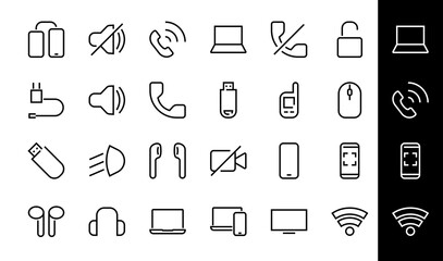 A set of smart devices and gadgets, computer hardware and electronics. Electronic devices icons for web and mobile vector lines. computer, telephone. Editable stroke. 48x48 pixels