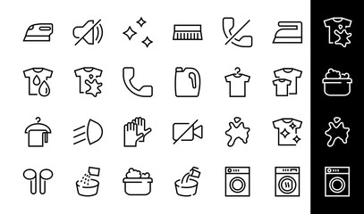 Simple set of washing related vector line Icons. Contains icons such as washing machine, powder, laundry, dirty t-shirt and much more. On a white background, editable stroke. 48x48 pixels perfect