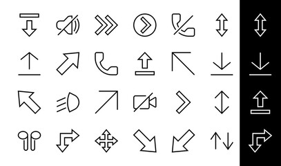 Set of line arrows, directions, arrows, contains icons such as pause, continuation, directly, to the right, Editable stroke. 480x480, On a white background, Vector illustration