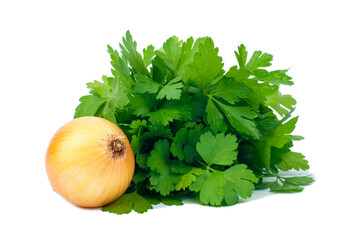 onion and parsley isolated on white background