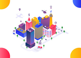 Isometric smart city, city concept. A city with many services, cars, people. Vector graphics, gradient. Can be used for sites, web banners, posters, presentations. Bright beautiful colors. EPS 10.