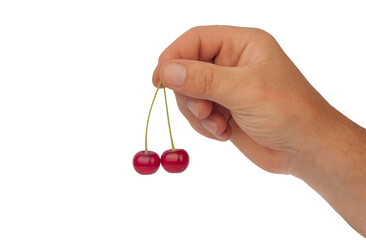 cherries in hand isolated on white background