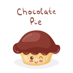 Kawaii Chocolate Pie vector character isolated on white background. Funny happy & smiling baked cake with topping. Cute yummy sweet food product mascot illustration. Kids menu concept.