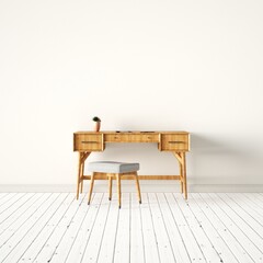 Scandinavian Wooden Work Desk with Small Chair and Empty Walls Mockup