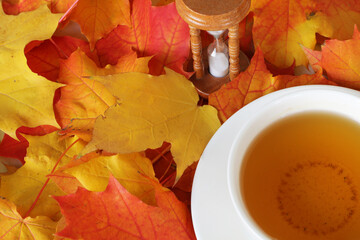 White cup with cooled herbal tea and an hourglass among the fallen autumn leaves.
