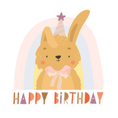 cute bunny in a cap on a rainbow background. happy birthday, tender charming animal. cartoon style. baby rabbit with bow.