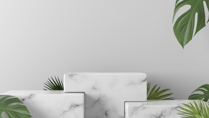 white marble box podium with leaves in white background