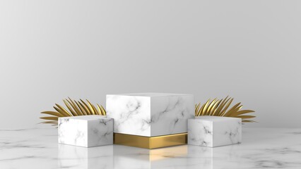 white marble box podium with golden leaves in white background