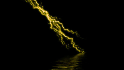 Abstract realistic yellow nature lightning thunder background . Bright curved line on isolated texture overlays. Reflection on water .