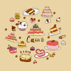 Doodle cakes and cookies vector hand drawn element in color.